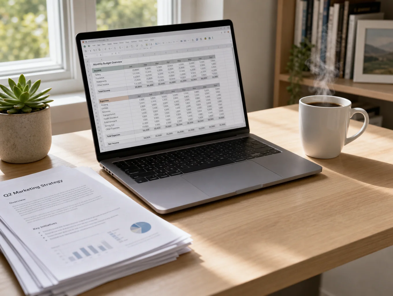 Professional workspace with organized documents and collaborative tools