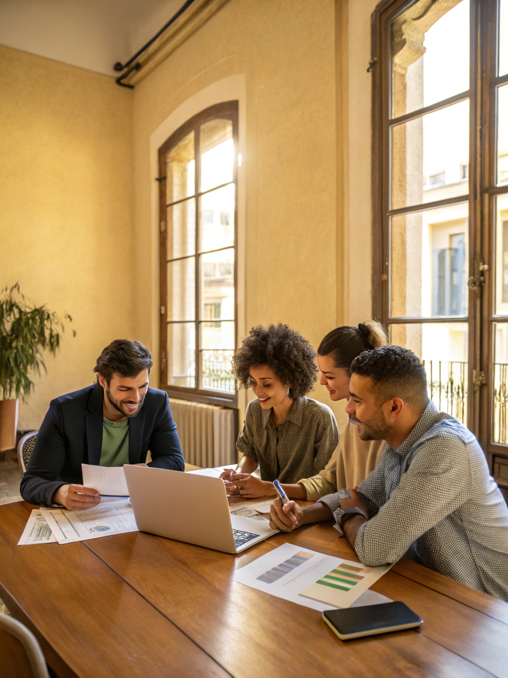 Community members collaborating in a warm, professional workspace