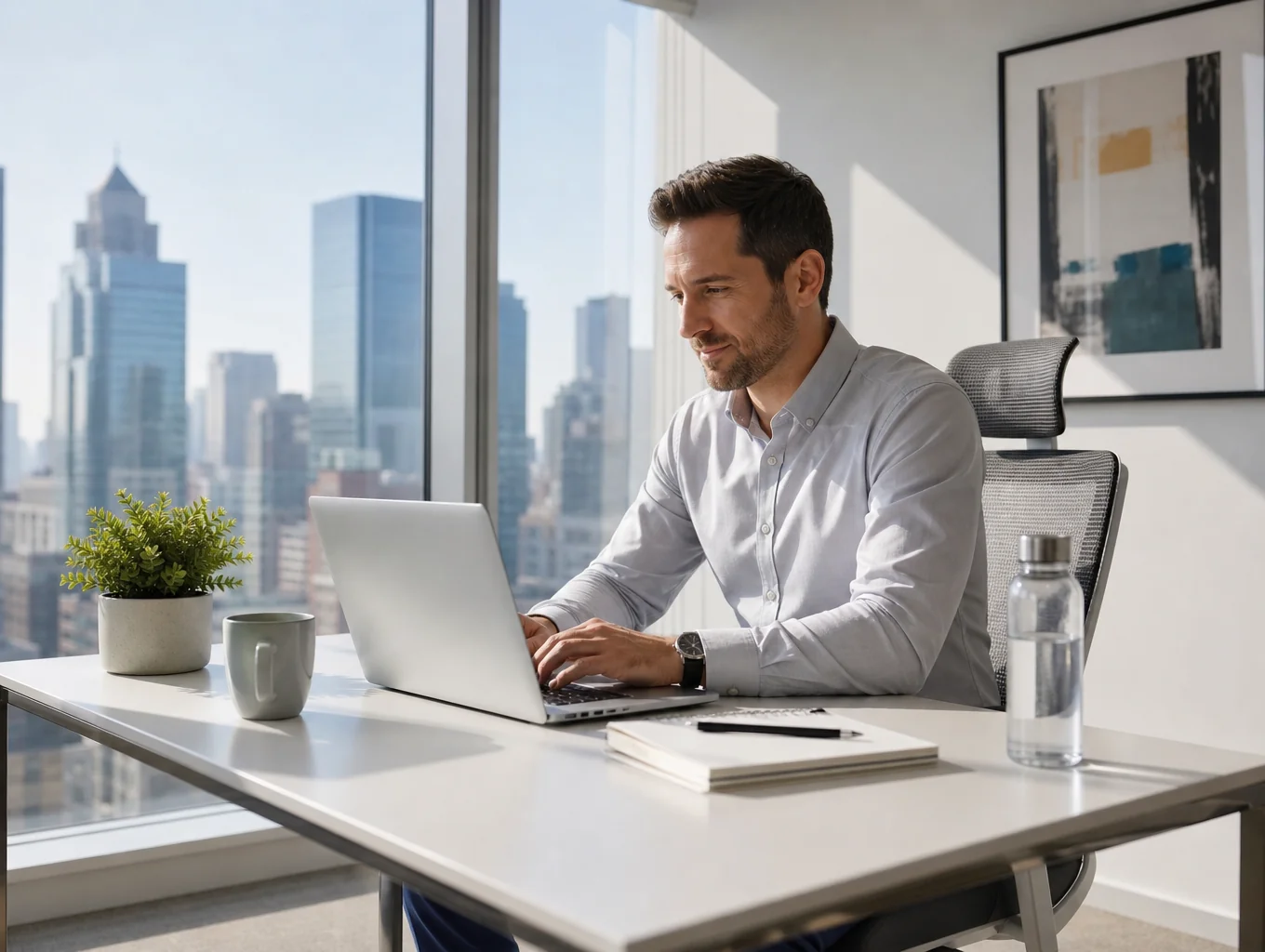 A professional advocate working in a calm, sunlit office