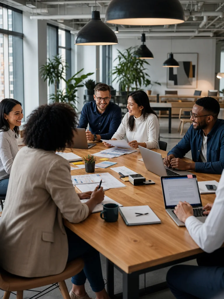 Professional team collaborating in a bright, modern office space focused on community empowerment