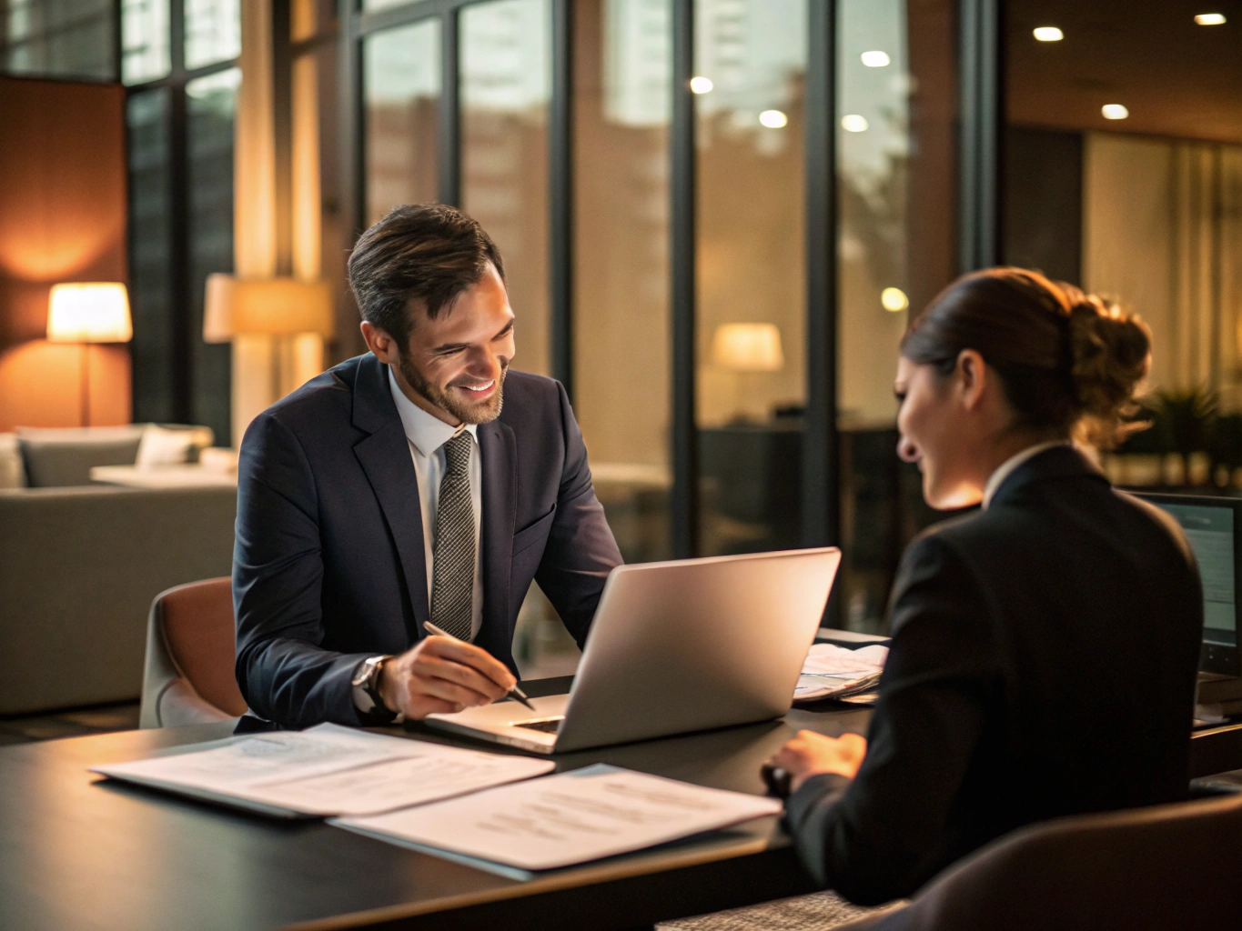 An HR professional consulting in a warm, professional office